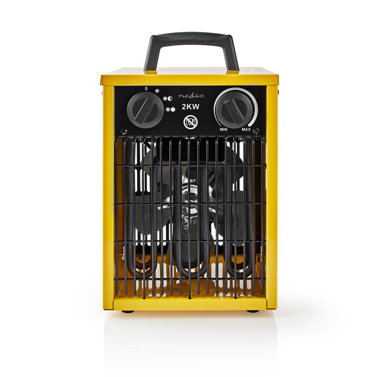 Nedis industrielle varmeblæser gul med sort håndtag og knapper, synlig ventilator taske gitter, justerbar termostat, 1000/2000W.