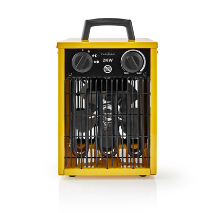 Nedis industrielle varmeblæser gul med sort håndtag og knapper, synlig ventilator taske gitter, justerbar termostat, 1000/2000W.