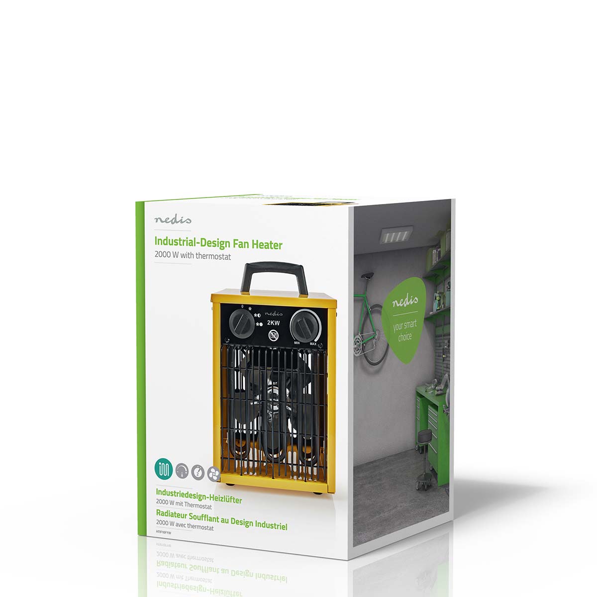Nedis industrielle varmeblæser gul/sort med justerbar termostat IP24 1000/2000 W vises på emballage med garageikon.