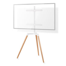 TV gulvstand til 50-65" TV, op til 35 kg, tre træben, hvid ramme, skandinavisk design.