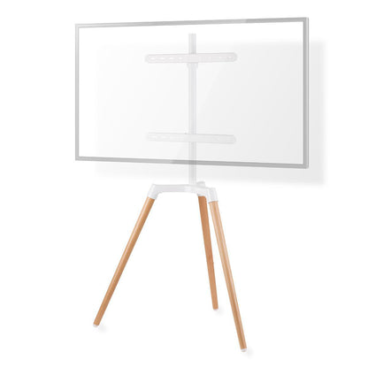 TV gulvstand til 50-65" TV, op til 35 kg, tre træben, hvid ramme, skandinavisk design.