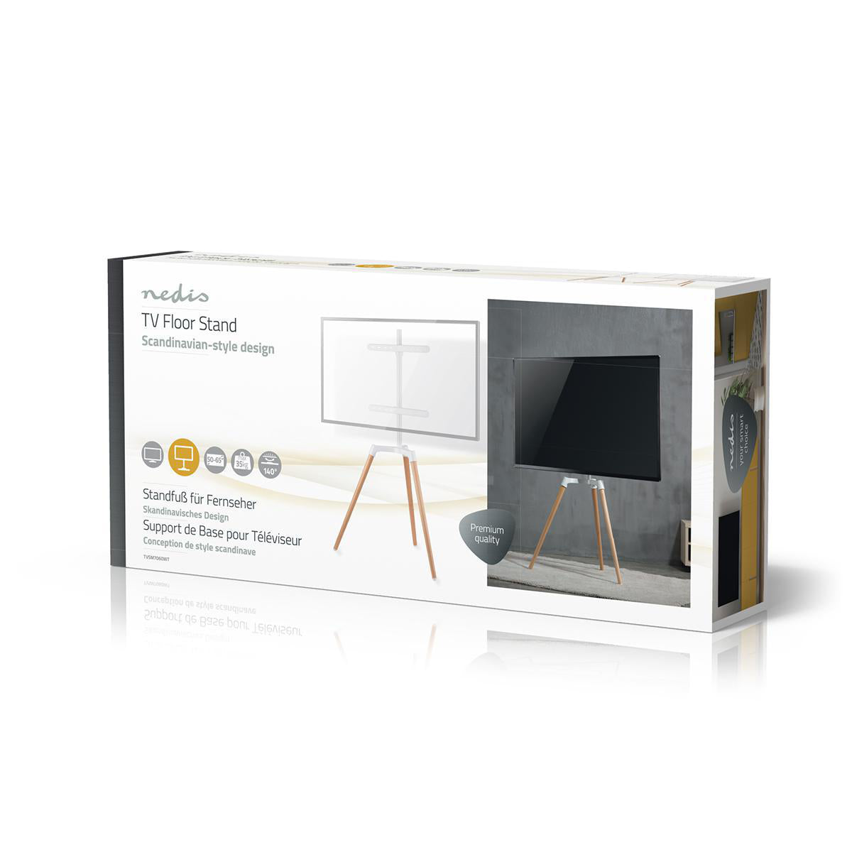 Nedis TV gulvstand til 50-65" TV max 35 kg, VESA-kompatibel, emballage viser stander med TV og multispråk funktionstekst.
