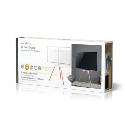 Nedis TV gulvstand til 50-65" TV max 35 kg, VESA-kompatibel, emballage viser stander med TV og multispråk funktionstekst.