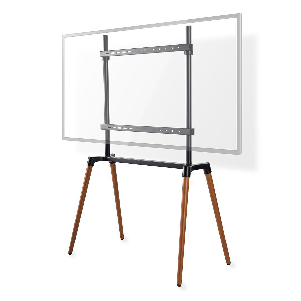 TV gulvstand til 60-75" TV max 40 kg, sort metalstel, fire træben, stor transparent plade og kabelskjuling.