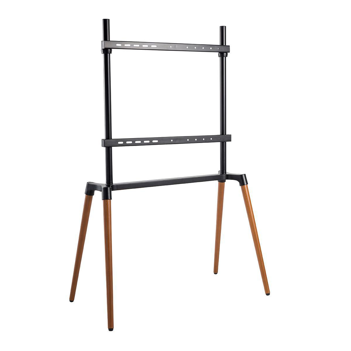 TV gulvstand, Bauhaus-design, sort metalstel, fire skrå træsben, justerbar højde og beslag til 60-75" TV, maks 40 kg.