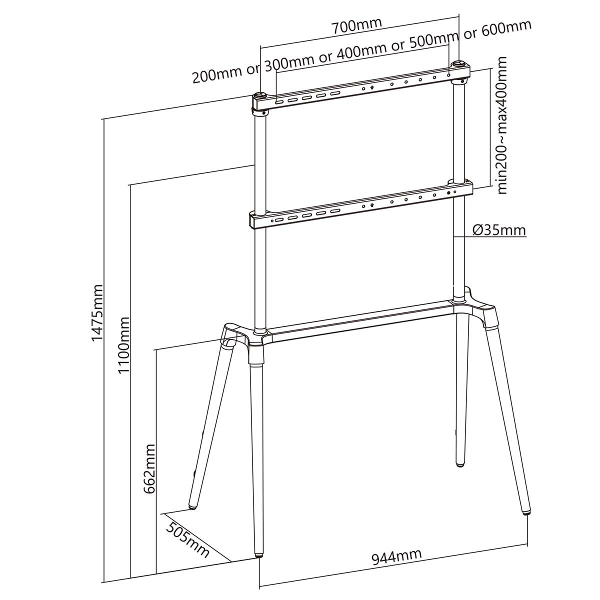 TV gulvstand til 60-75", max 40 kg, justerbar højde, fire ben, horisontale/vertikale stænger, mål 1475x944x1100 mm.