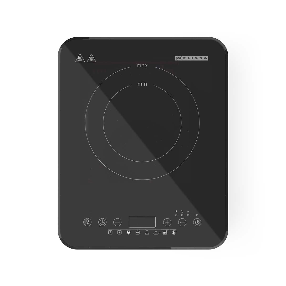 Melissa induktionskogeplade sort rektangulær 2000W touch LCD-display boostfunktion min/max cirkulært varmefelt logo øverst højre.