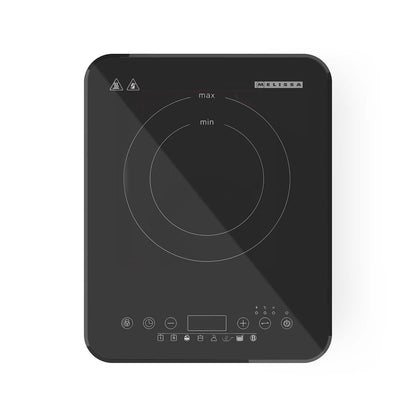 Melissa induktionskogeplade sort rektangulær 2000W touch LCD-display boostfunktion min/max cirkulært varmefelt logo øverst højre.