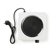 Elektrisk kogeplade 1500 W hvid krop sort varmeflade kontrolknap europæisk stik overophedningsbeskyttelse.