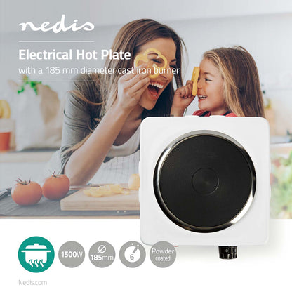 Nedis elektriske kogeplade 1500 W, støbejernsblus 185 mm, 6 varmeindstillinger, pulverlakeret design.