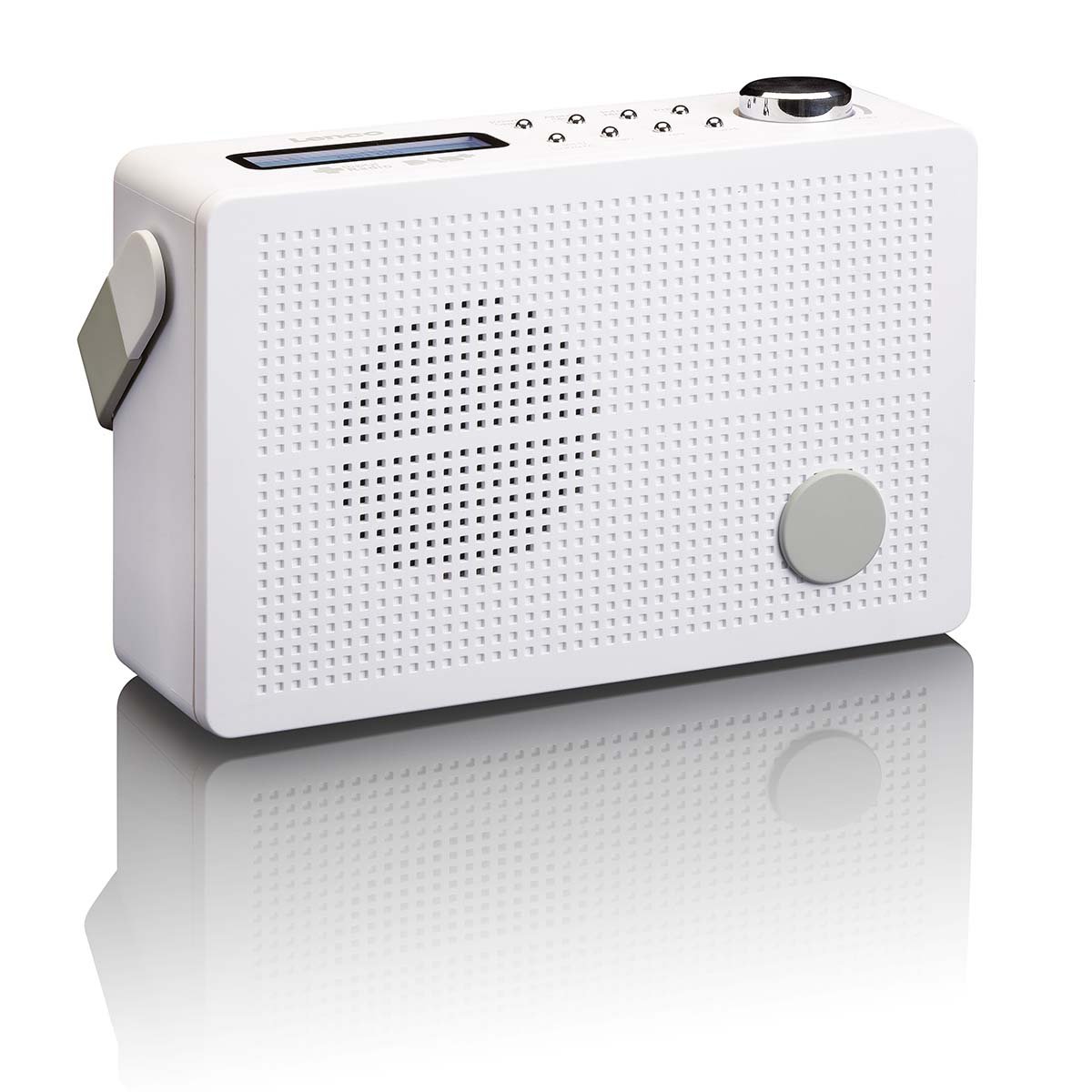 Lenco bærbar DAB+/FM-radio med alarm, hvid rektangulær, frontgitter, topknapper og -drejeknap, rund display/drejeskive.