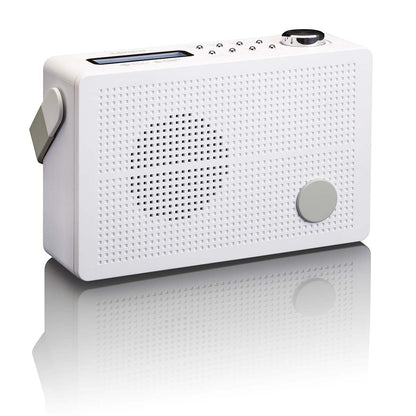 Lenco bærbar DAB+/FM-radio med alarm, hvid rektangulær, frontgitter, topknapper og -drejeknap, rund display/drejeskive.