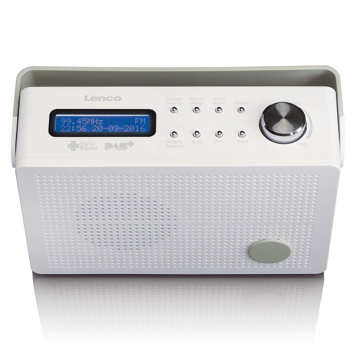 Lenco bærbar DAB+/FM-radio med alarm, display, topknapper, stor volumenkontrol og højtalerhuller foran.