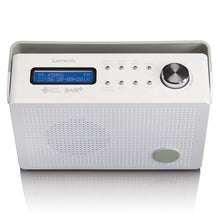 Lenco bærbar DAB+/FM-radio med alarm, display, topknapper, stor volumenkontrol og højtalerhuller foran.