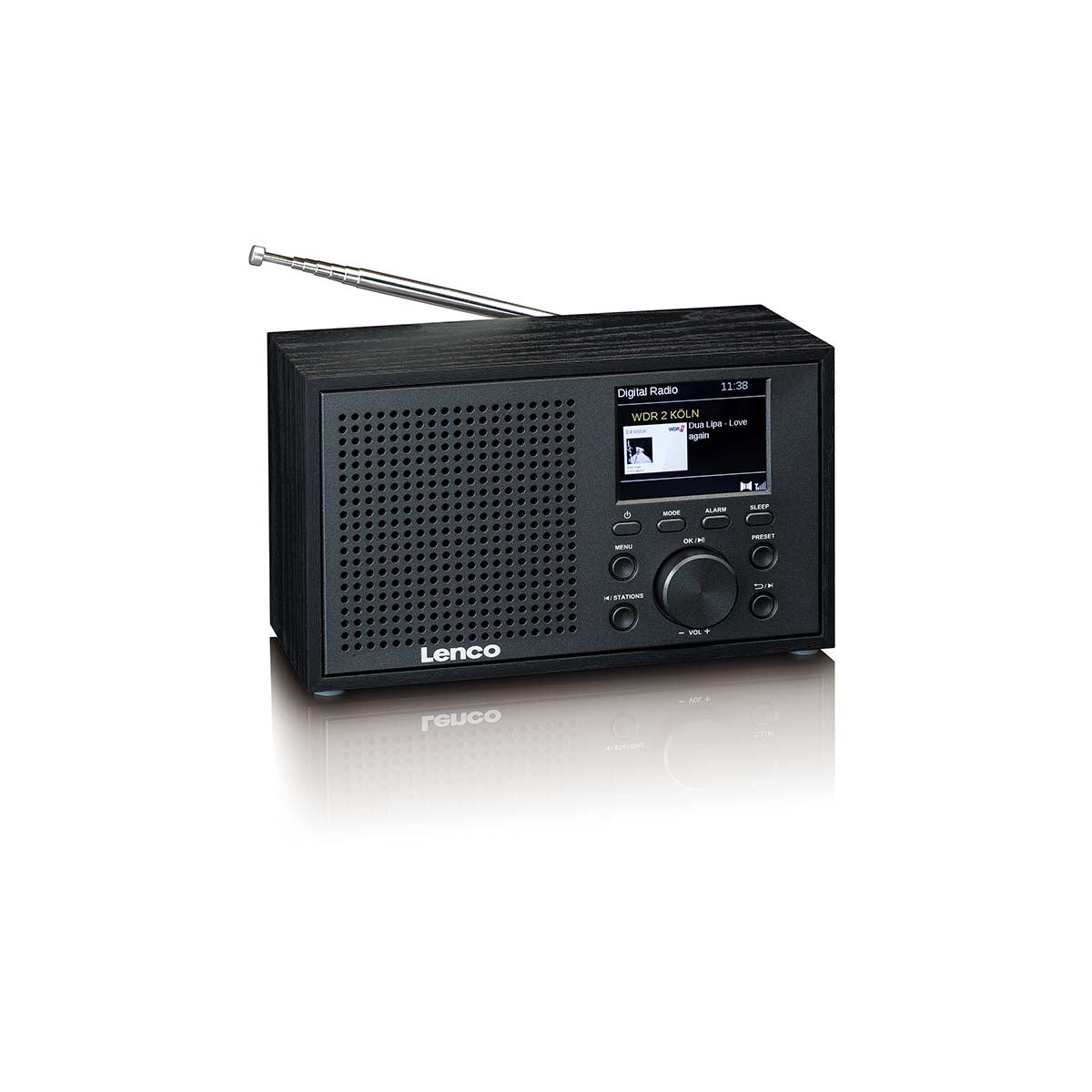 Lenco bærbar DAB+/FM-radio sort med Bluetooth, lang antenne, venstre højttaler, knapper og display med stationsinfo.