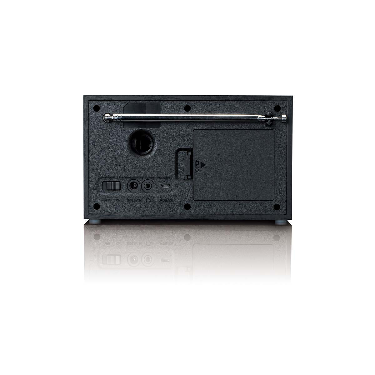 Lenco bærbar DAB+/FM-radio sort, bagudvendt, Bluetooth 5.1, antenne, strømafbryder, audio jack og batterirum.