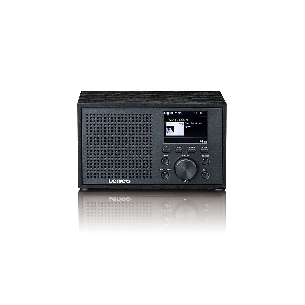 Lenco bærbar DAB+/FM-radio med Bluetooth, display, store højttalergitter, frontbetjente knapper og drejeknapper.