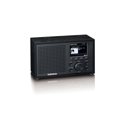 Lenco bærbar DAB+/FM-radio med Bluetooth i sort med venstre højttaler, højre display og kontrolknapper.