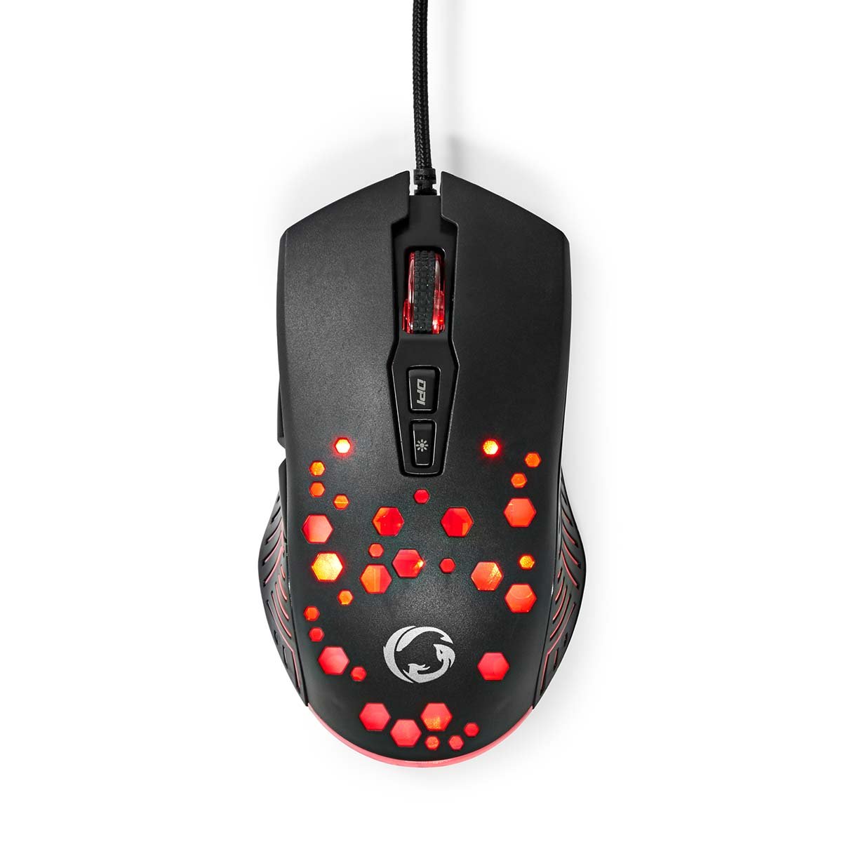 Gaming mus med 7 programmerbare knapper, rød RGB-lys i sekskantmønster, to scrollknapper, drage-logo ved håndledsstøtte.