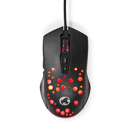 Gaming mus med 7 programmerbare knapper, rød RGB-lys i sekskantmønster, to scrollknapper, drage-logo ved håndledsstøtte.