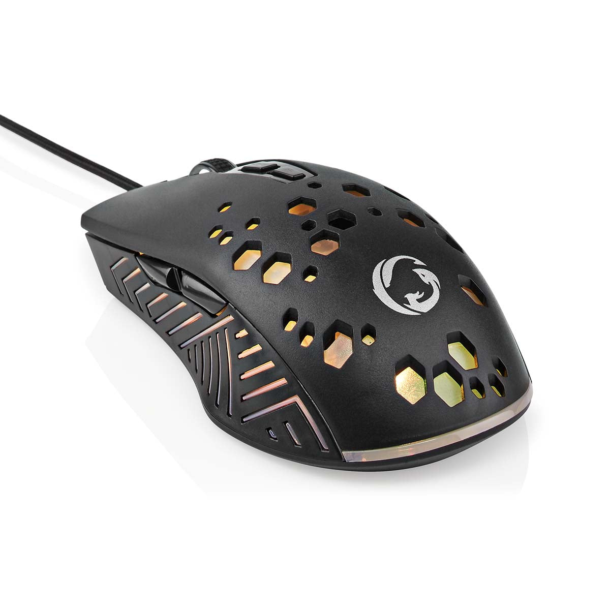 Gaming mus RGB-lys 7 knapper honeycomb-design lys i hexagon-udskæringer dragelogo side geometriske grebmønstre.