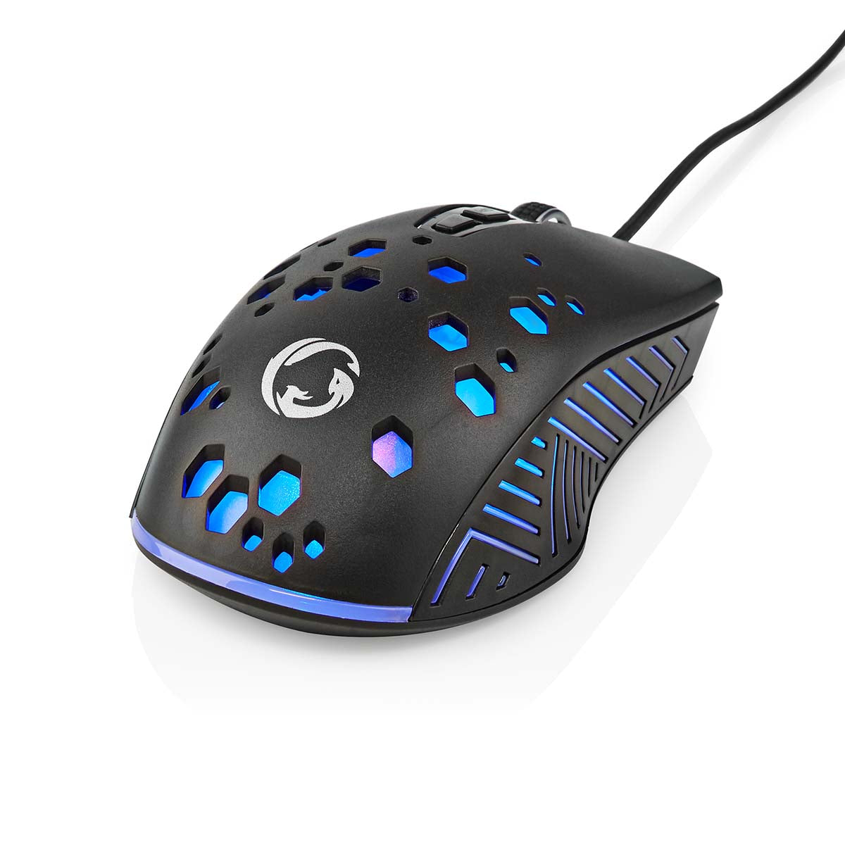 Gaming-mus med honeycomb-design, blå/lilla RGB-lys, drage-logo, 7 programmerbare knapper.