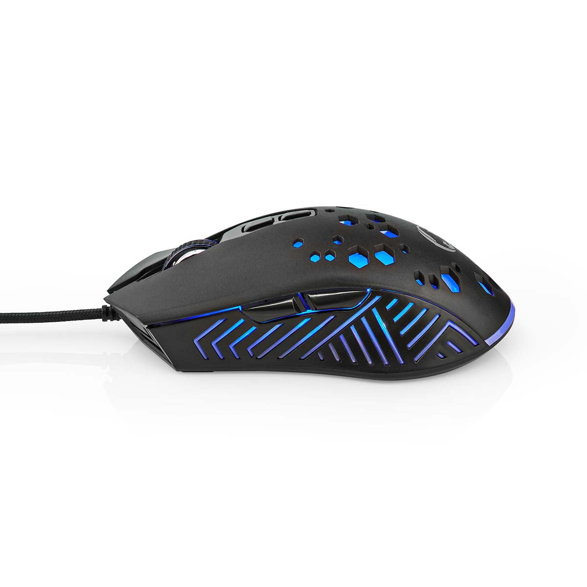 Nedis gaming mus med RGB-lys, honeycomb shell, geometriske sideudskæringer, 7 knapper, set fra siden.