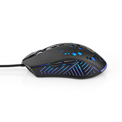 Nedis gaming mus med RGB-lys, honeycomb shell, geometriske sideudskæringer, 7 knapper, set fra siden.