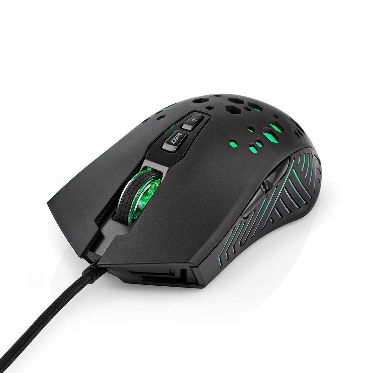 Gaming-mus med RGB-lys, perforeret honeycomb-design, oplyst scrollhjul og sider, 7 programmerbare knapper.