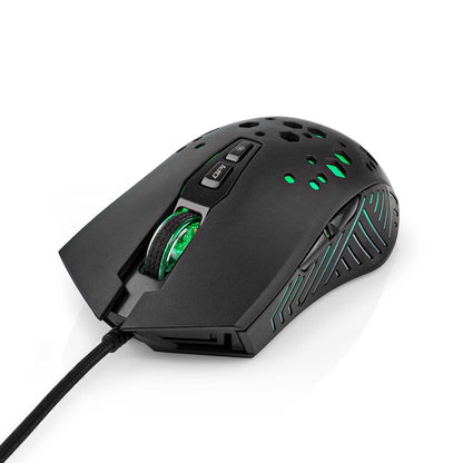 Gaming-mus med RGB-lys, perforeret honeycomb-design, oplyst scrollhjul og sider, 7 programmerbare knapper.