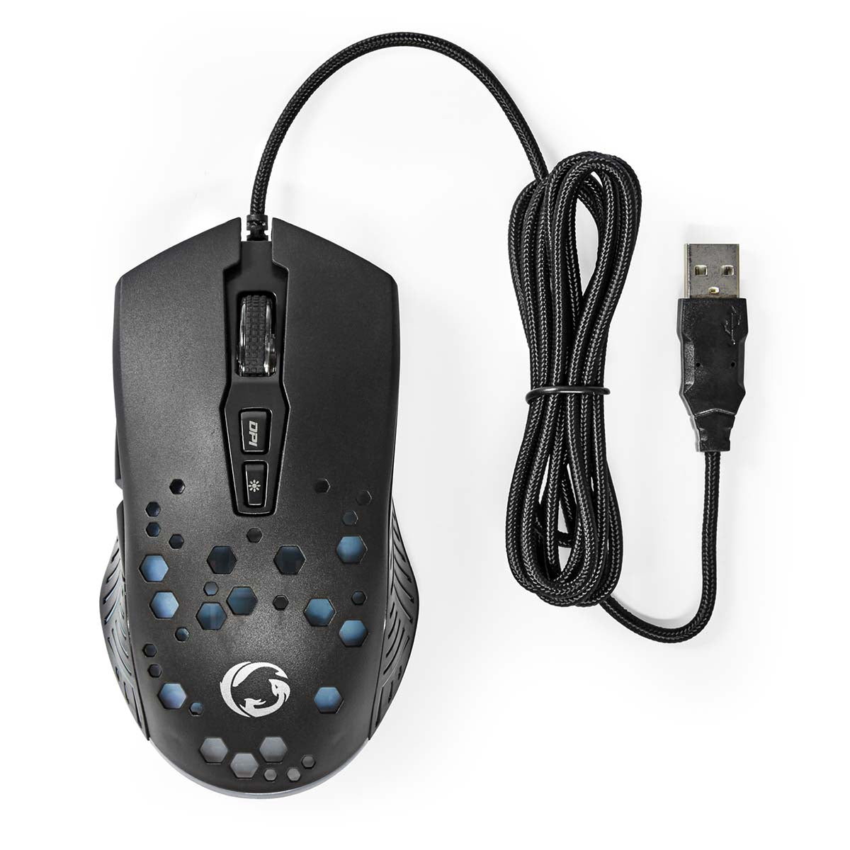 Sort gaming mus med RGB-lys, honeycomb-design, to topknapper, rullehjul, 7 programmerbare knapper og USB-kabel.