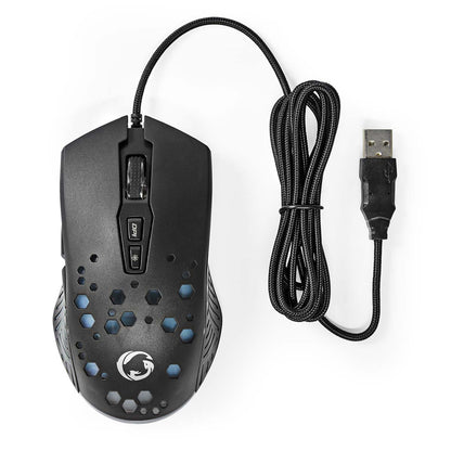 Sort gaming mus med RGB-lys, honeycomb-design, to topknapper, rullehjul, 7 programmerbare knapper og USB-kabel.