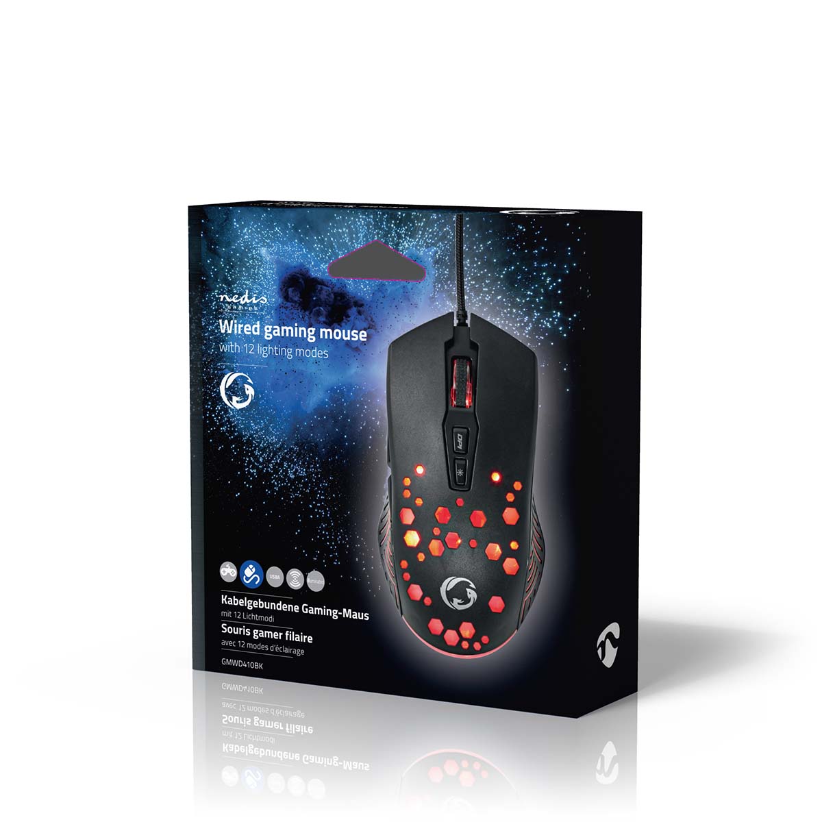 Gaming mus RGB-lys, sort med rød/orange cirkelmønstre, 7 knapper, blå lyseffekter, 12 belysningstilstande.