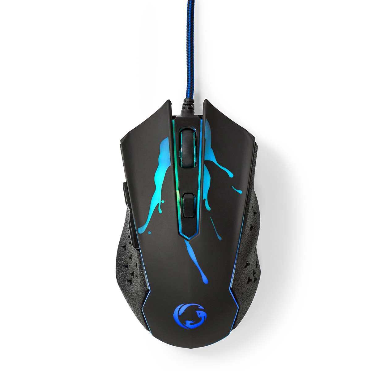 Nedis gaming mus sort med blå LED-lys, splatter-design top, teksturerede sidegreb og synligt scrollhjul set ovenfra.