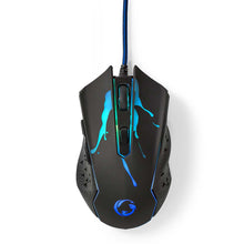 Nedis gaming mus sort med blå LED-lys, splatter-design top, teksturerede sidegreb og synligt scrollhjul set ovenfra.