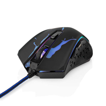 Nedis gaming mus med blåt LED-lys, justerbar DPI, oplyst scrollhjul, sideknapper og blå/sort flettet kabel.