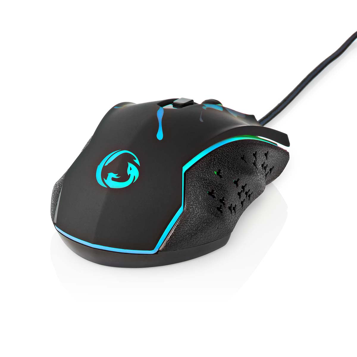 Gaming mus sort med LED-lys, blåt drage-logo, teksturerede sider, ekstra knapper og justerbar DPI.