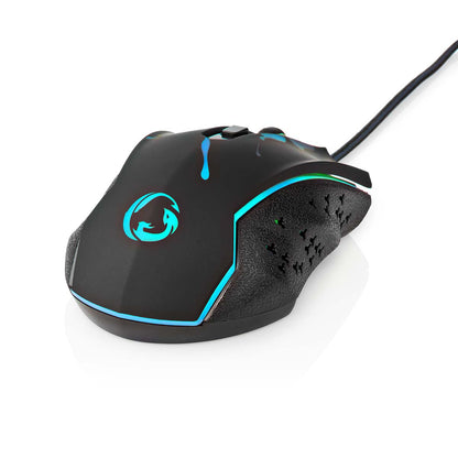 Gaming mus sort med LED-lys, blåt drage-logo, teksturerede sider, ekstra knapper og justerbar DPI.