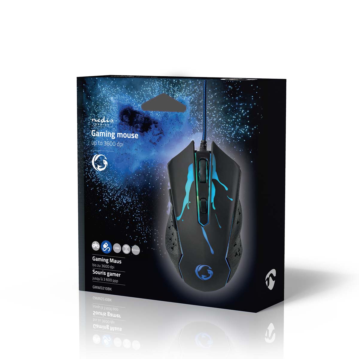 Gaming mus sort med blå LED-lys, blå splatter og DPI op til 3600, produktbillede og branding på æsken.