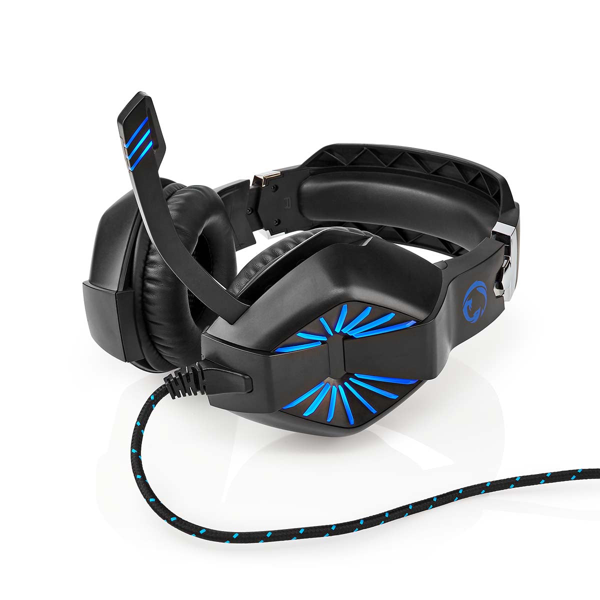 Nedis Gaming Stereo Headset USB/3.5mm, polstrede ørepuder, integreret mikrofon, blå LED-detaljer, flettet kabel.