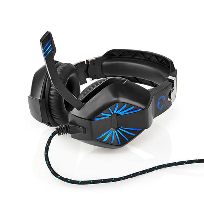 Nedis Gaming Stereo Headset USB/3.5mm, polstrede ørepuder, integreret mikrofon, blå LED-detaljer, flettet kabel.
