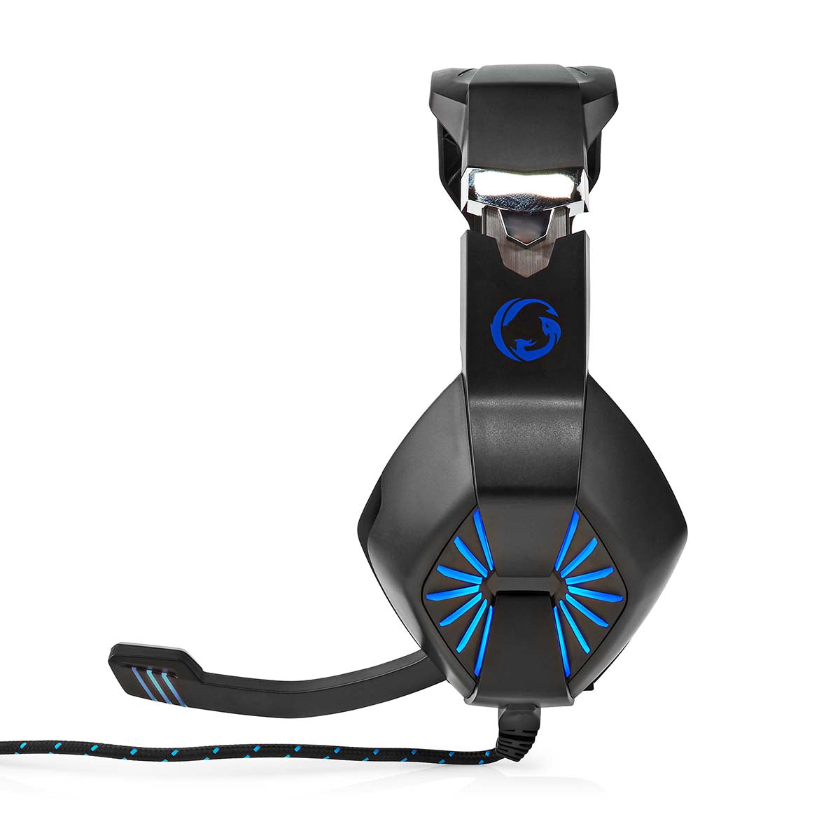 Gaming stereo headset USB/3,5 mm, sort med blå detaljer, justerbar bøjle, mikrofon, flettet kabel, drage-logo.
