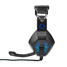 Gaming stereo headset USB/3,5 mm, sort med blå detaljer, justerbar bøjle, mikrofon, flettet kabel, drage-logo.