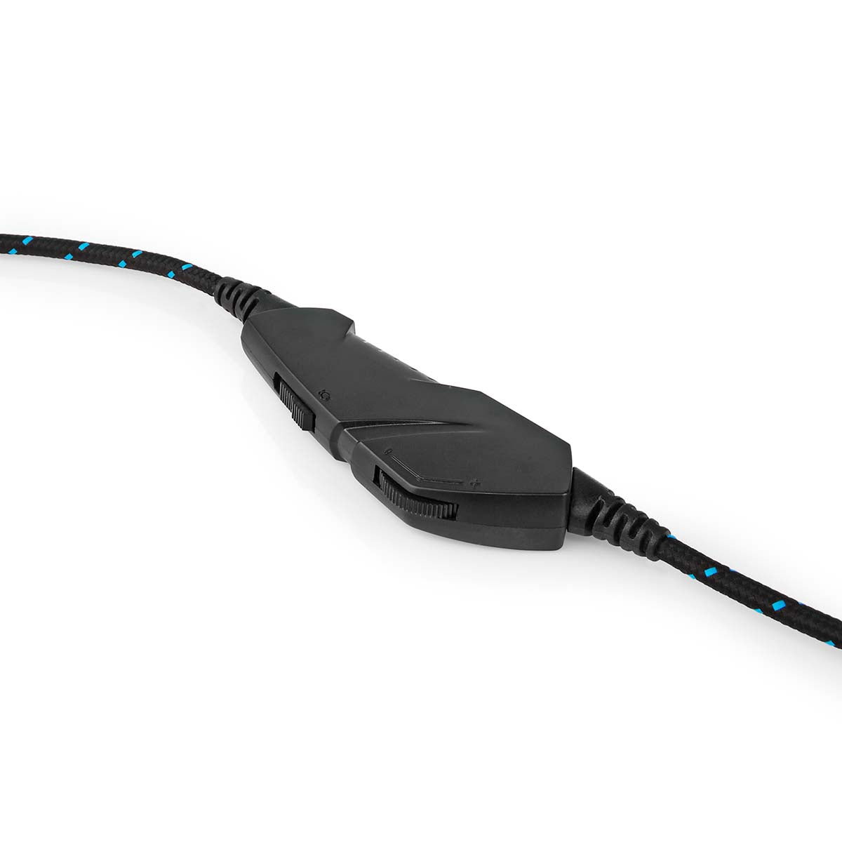 Gaming Stereo Headset USB/3.5mm sort flettet kabel med blå detaljer og inline kontrolmodul med to kontakter.