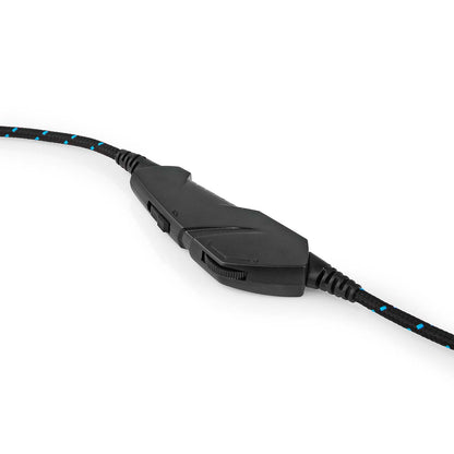 Gaming Stereo Headset USB/3.5mm sort flettet kabel med blå detaljer og inline kontrolmodul med to kontakter.
