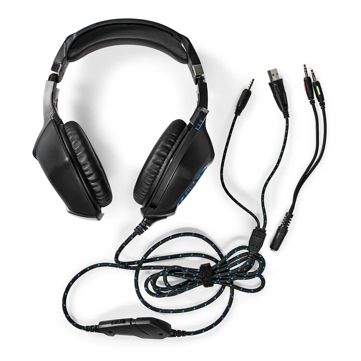 Gaming stereo headset sort/blå, over-ear, polstrede ørekopper, justerbar bøjle, flettet kabel m. inline kontrol, USB og 2x3,5mm jack.