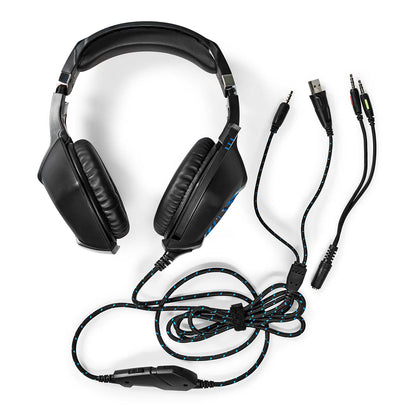 Gaming stereo headset sort/blå, over-ear, polstrede ørekopper, justerbar bøjle, flettet kabel m. inline kontrol, USB og 2x3,5mm jack.