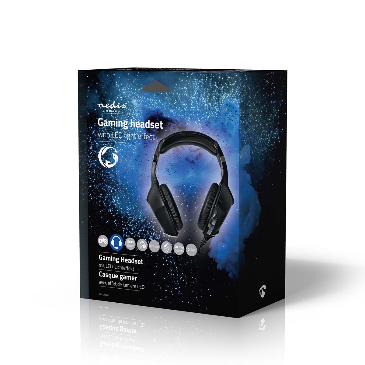 Nedis Gaming Stereo Headset USB/3.5 mm sort over-ear med blå LED-lys vises på æske med produktdetaljer.