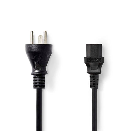 Strømkabel 2m sort, dansk hanstik (3-polet) til IEC-320-C13, begge stik tydeligt synlige.