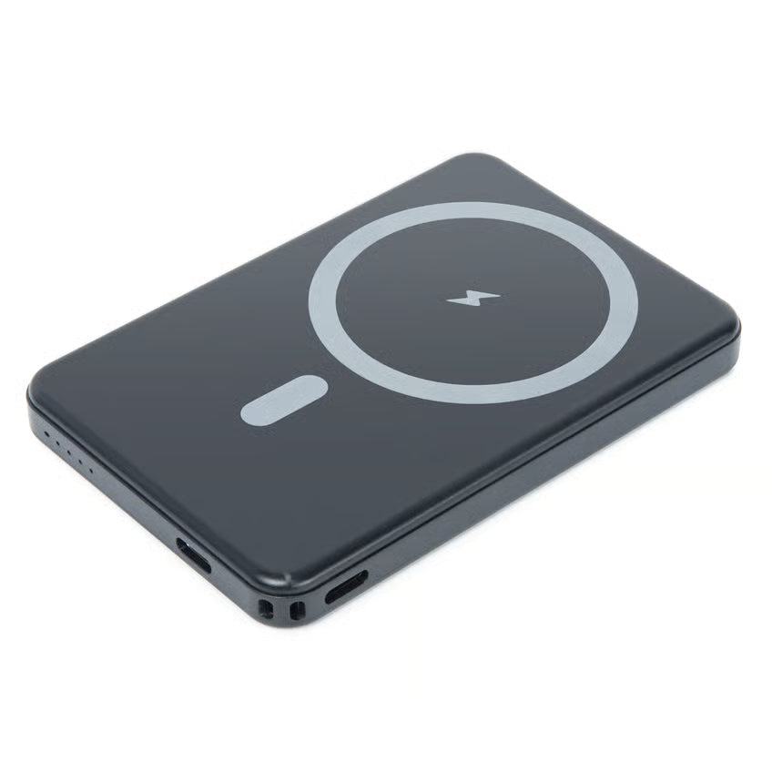 LINOCELL magnetisk powerbank på 5000 mAh, sort med afrundede kanter, opladningssymbol, MagSafe, 15 W trådløs opladning og 20 W USB-C-porte.